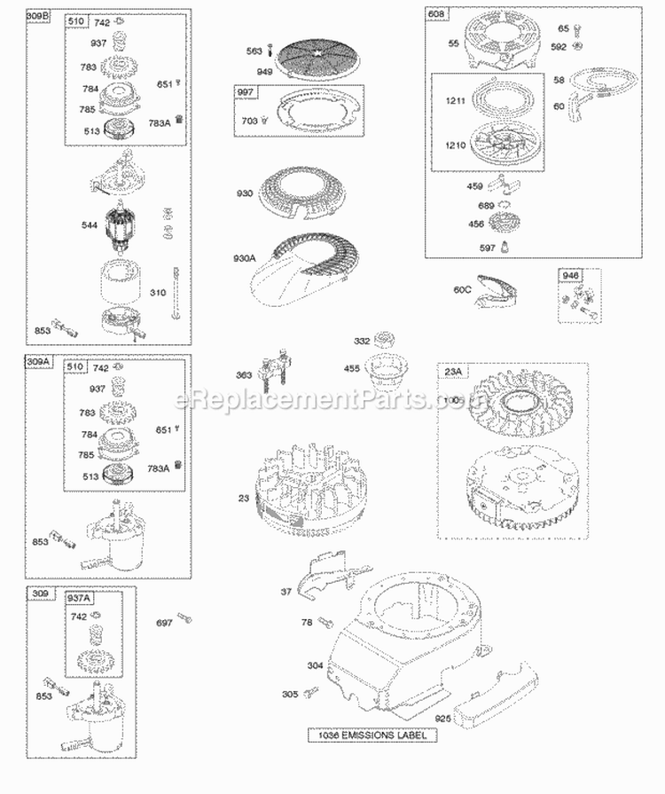 Blower Housing Electric Starter Flywheel Rewind Starter Diagram and Parts List for 126T02-0289-B1  Briggs and Stratton Engine